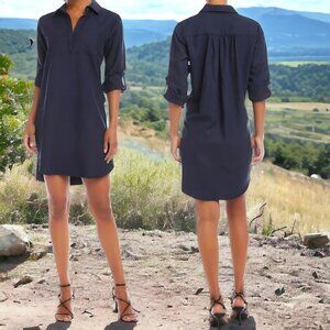 KAREN KANE ( L ) Navy Roll Tab Sleeve Shirtdress Collar Linen/Cotton